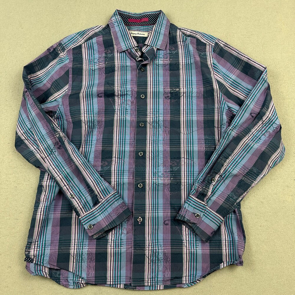Tommy Bahama Shirt Men Medium Blue Plaid Long Sleeve Button Up Pocket Silk Blend